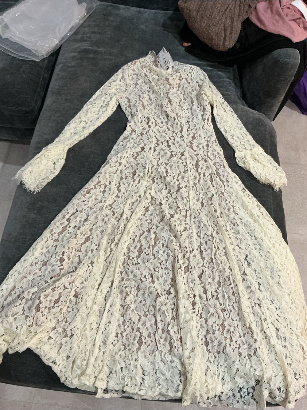 High-Neck Cream Lace Maxi Dress with Long Sleeves